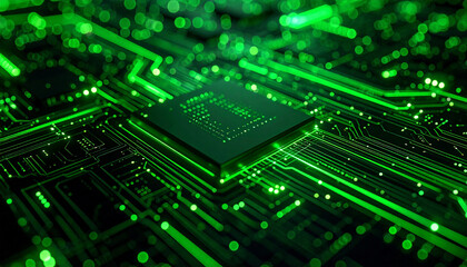 Fototapeta premium The Core of Innovation: A macro-level depiction of a computer microchip, radiating with an alluring green luminescence.
