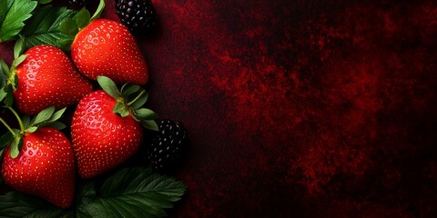 Strawberry and Blackberry Composition on a dark red background, free space