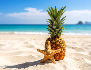 A pineapple and a starfish on the beach sand with a backdrop of the vast ocean. 