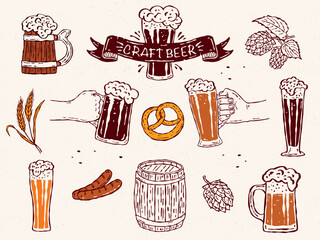 Beer sketch icon set. Vector hand-drawn line art featuring beer mugs, hands holding mugs, a beer barrel, malt, and wheat. Ideal for craft beer branding, menus, and packaging