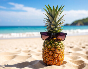 A pineapple with sunglasses on the beach sand with a background of the vast ocean.