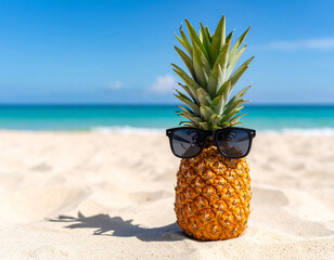 A pineapple with sunglasses on the beach sand with a background of the vast ocean.