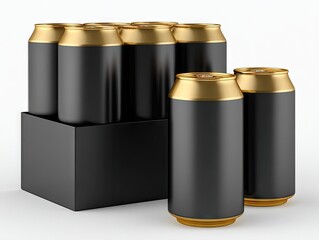 Twelve black and gold aluminum cans, eight in a black box, and two more sitting in front.  Clean, minimalist design