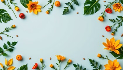 Fototapeta premium a floral arrangement with yellow flowers and green leaves is placed in the center of the image, with the background filled with an array of brightly colored flowers including orange, red