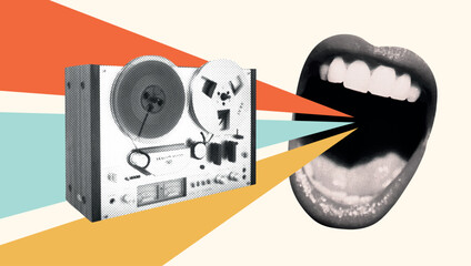 Vintage retro music halftone collage with girl singing mouth, reel tape recorder. Nostalgic grunge audio equipment, disco element for poster, podcast, karaoke, party. Trendy isolated vector illustrati