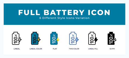 Full battery icon set with different styles. Icons designed in filled. outline. flat. glyph and line colored.