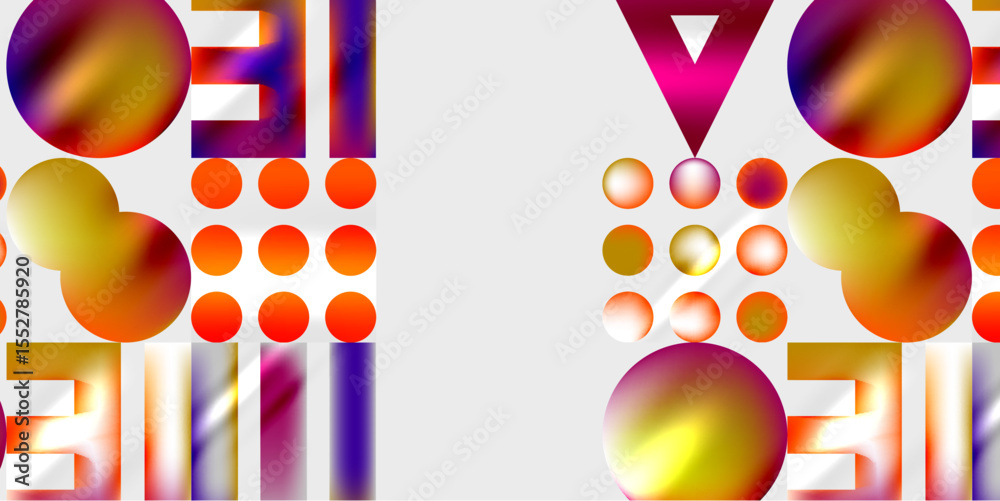 Poster abstract composition. geometric shapes, circles, triangles, text elements dominate dark background. 