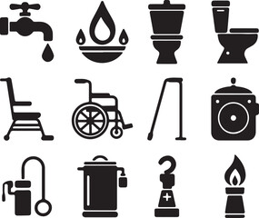 Fototapeta premium Home, Medical And Utility Icons - Essential Pictogram Collection For Disability.
