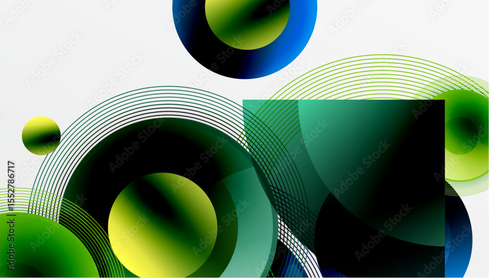 Poster Abstract composition featuring overlapping circles, lines, squares. Gradient colorsgreen, blue, blackcreate dynamic visual effect. Modern design.