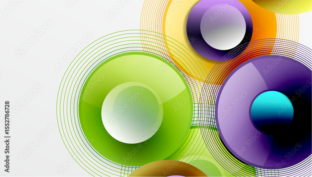 Poster Abstract design features colorful overlapping circles, lines. Bright hues create dynamic visual effect. Modern, clean aesthetic.