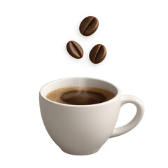 Aromatic Coffee Delight: A captivating image featuring a pristine, steaming cup of coffee accompanied by three freshly roasted beans gracefully descending.