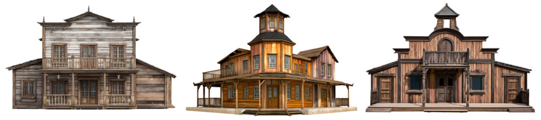 Set of an old Western saloon wooden building, isolated on a transparent background.