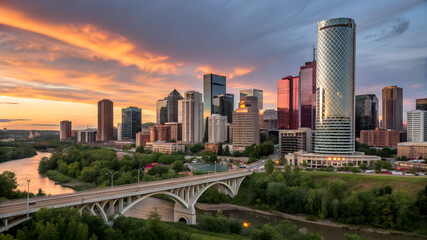 Fototapeta premium Edmonton skyline at sunset, with vibrant orange and purple hues illuminating the buildings and reflecting on the river