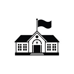 Black and White School Building Vector with Flag Icon