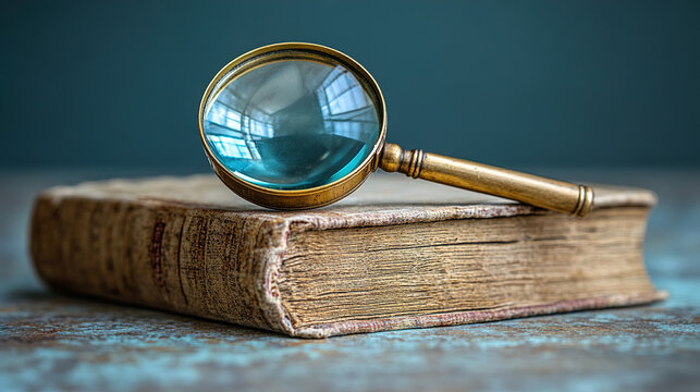 A vintage brass magnifying glass resting atop a thick, aged book with worn pages, all set on a rustic wooden surface, evoking a sense of historical study and discovery.

