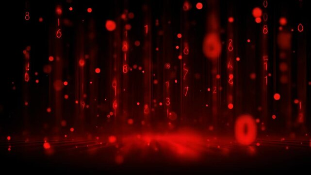 Red numbers cascade in a dark space illuminated by a red glow