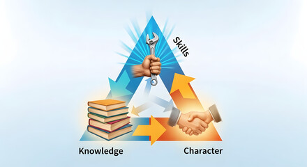Fototapeta premium Triad of Success: A conceptual image illustrating the essential elements—knowledge, character, and skills—that intertwine to form a strong foundation for success.