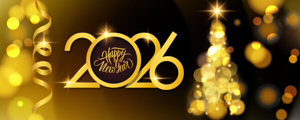 2026 New Year festive banner. Handwritten holiday greetings Happy New Year. Christmas tree and gold ribbon. Bright blurred bokeh lights. Vector illustration.