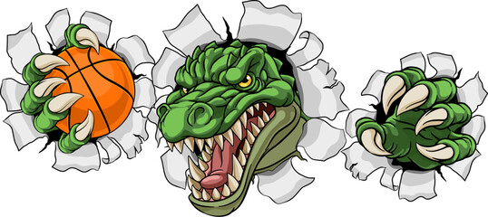 A crocodile, dinosaur or alligator lizard sports mascot holding a basketball ball © Christos Georghiou