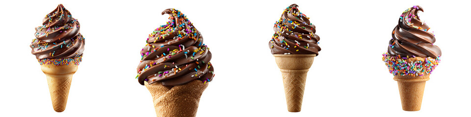 Set of chocolate soft serve ice cream cones with colorful sprinkles, isolated on transparent background.

