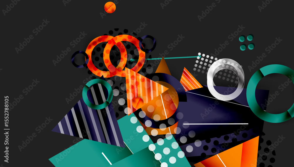 Poster Abstract geometric composition. Shapes overlap, creating dynamic visual interest. Colors include orange, teal, gray, navy. Modern design elements present.