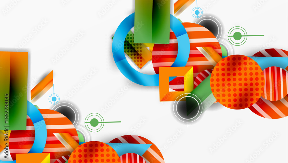Aufkleber Abstract geometric shapes overlap, creating vibrant design. Circles, squares, lines form dynamic composition. Bright colors dominate.