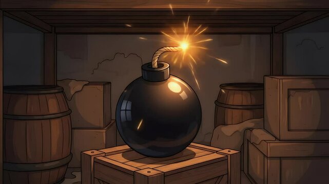 Cartoon bomb on crate in dim storage room
