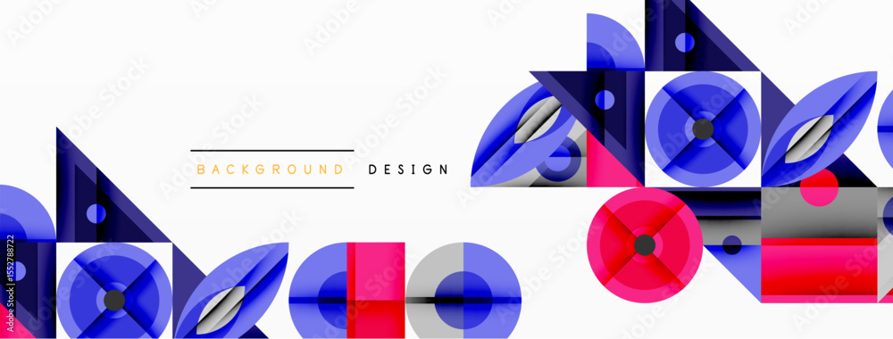 Poster Abstract geometric shapes, vibrant colors, modern design. Repeating patterns create dynamic visual texture. Clean lines, simple forms.