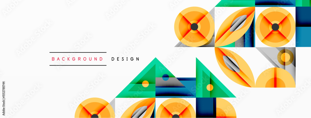 Poster Abstract geometric shapes, vibrant colors, modern design elements. Clean lines, overlapping forms create dynamic composition.