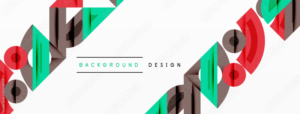 Poster abstract geometric shapes repeat. red, green, brown colors dominate white space. minimalist design w