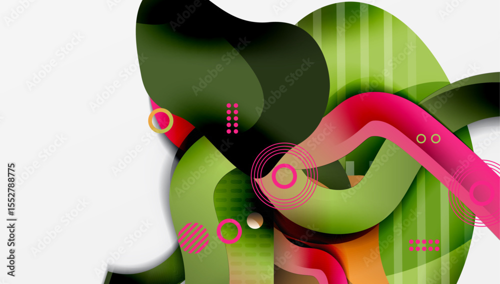 Poster Abstract composition features overlapping colorful shapes, circles, lines. Modern design with vibrant hues creates dynamic visual effect.