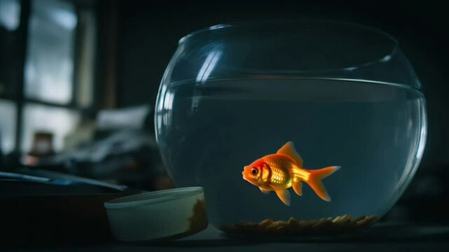 A goldfish swims alone in a murky bowl. The food container nearby remains full.