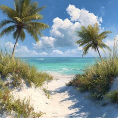 Fototapeta premium Serene tropical beach scene; path through dunes leads to turquoise water under a partly cloudy sky, flanked by palm trees and beach grass