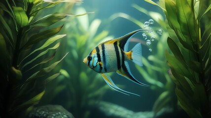 Angelfish swimming aquarium plant life underwater
