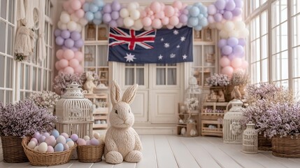 Easter-themed newsroom with an Australian flag, pastel eggs, bunny decor, and a soft-focus white backdrop