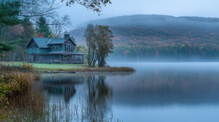 Obraz premium Tranquil cabin on a misty lake shore in autumn