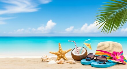 Tropical beach paradise with coconut drink starfish hat and sunglasses on sandy shore
