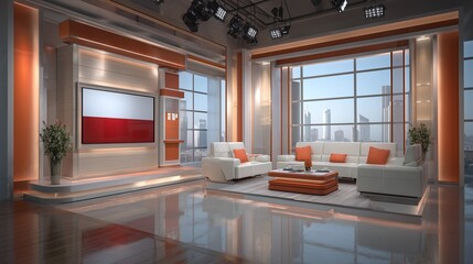 Elegant news studio setup with a Polish flag, muted colors, and a refined minimalist design