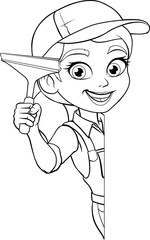 A woman female window cleaner or car wash worker holding a squeegee cleaning tool.