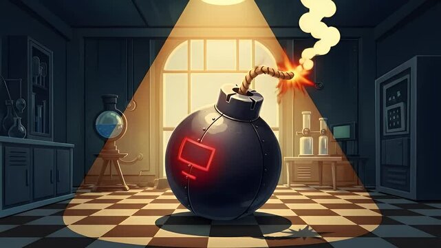 Cartoon bomb in comic lab with glowing fuse