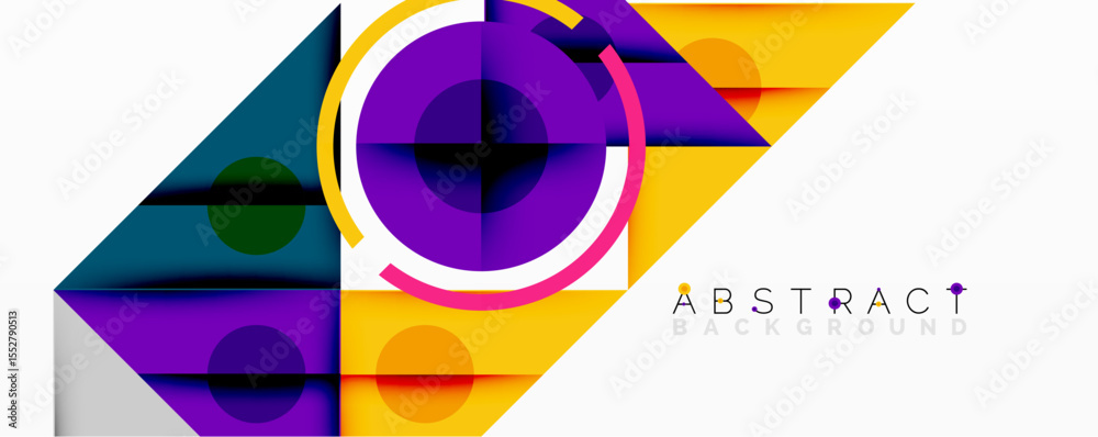 Poster Bright geometric shapes overlap, creating dynamic colorful design. Modern abstract background with circles, squares, triangles.