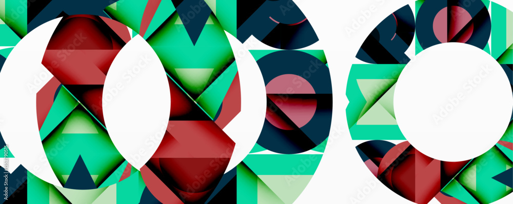 Poster abstract geometric patterns form circular shapes. teal, red, white dominate composition. modern desi