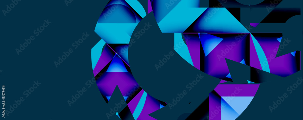 Poster abstract geometric shapes, vibrant blues, purples create dynamic composition. dark background emphas