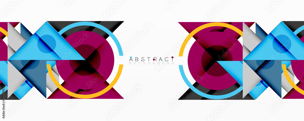 Poster Geometric shapes overlap, creating vibrant abstract design. Circles, triangles, squares form colorful pattern. Modern aesthetic.
