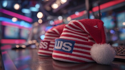 Funky Christmas-themed newsroom with a US flag, colorful LED lights, Santa hats on desks, blurred white bokeh background