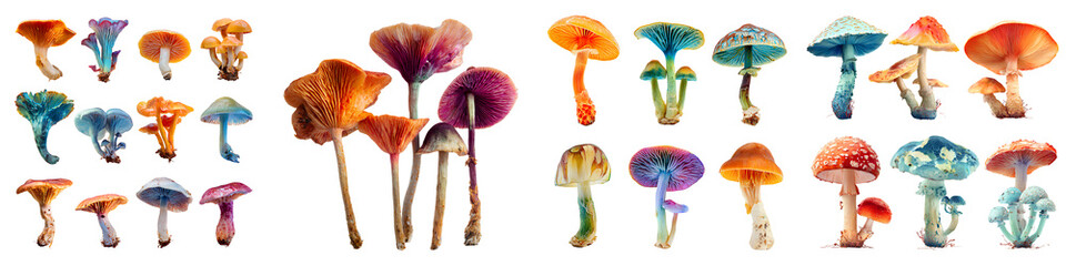 Collection of colorful fantasy mushrooms with vibrant textures, isolated on transparent background.
