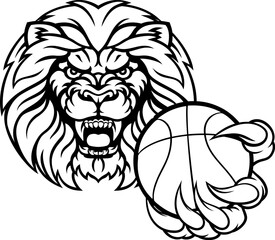 A lion angry animal sports mascot holding a basketball ball