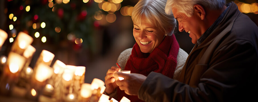 Couple enjoying a cozy evening together while lighting candles at a festive outdoor market during the winter season