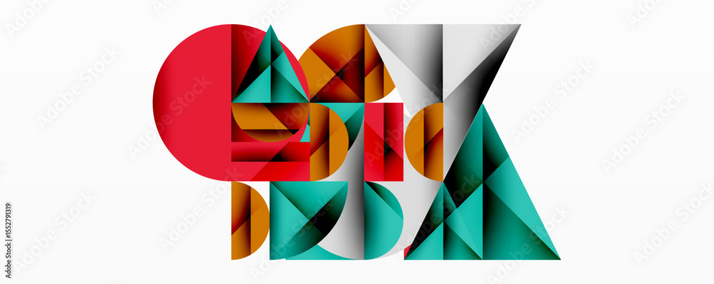 Poster Abstract geometric composition. Shapes overlap, creating dynamic visual interest. Colors include red, teal, gold, gray. Modern design.