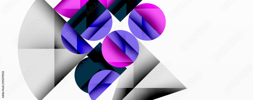 Aufkleber Abstract geometric composition. Circles, triangles overlap creating dynamic visual effect. Purple, gray tones dominate design. Minimalist style.